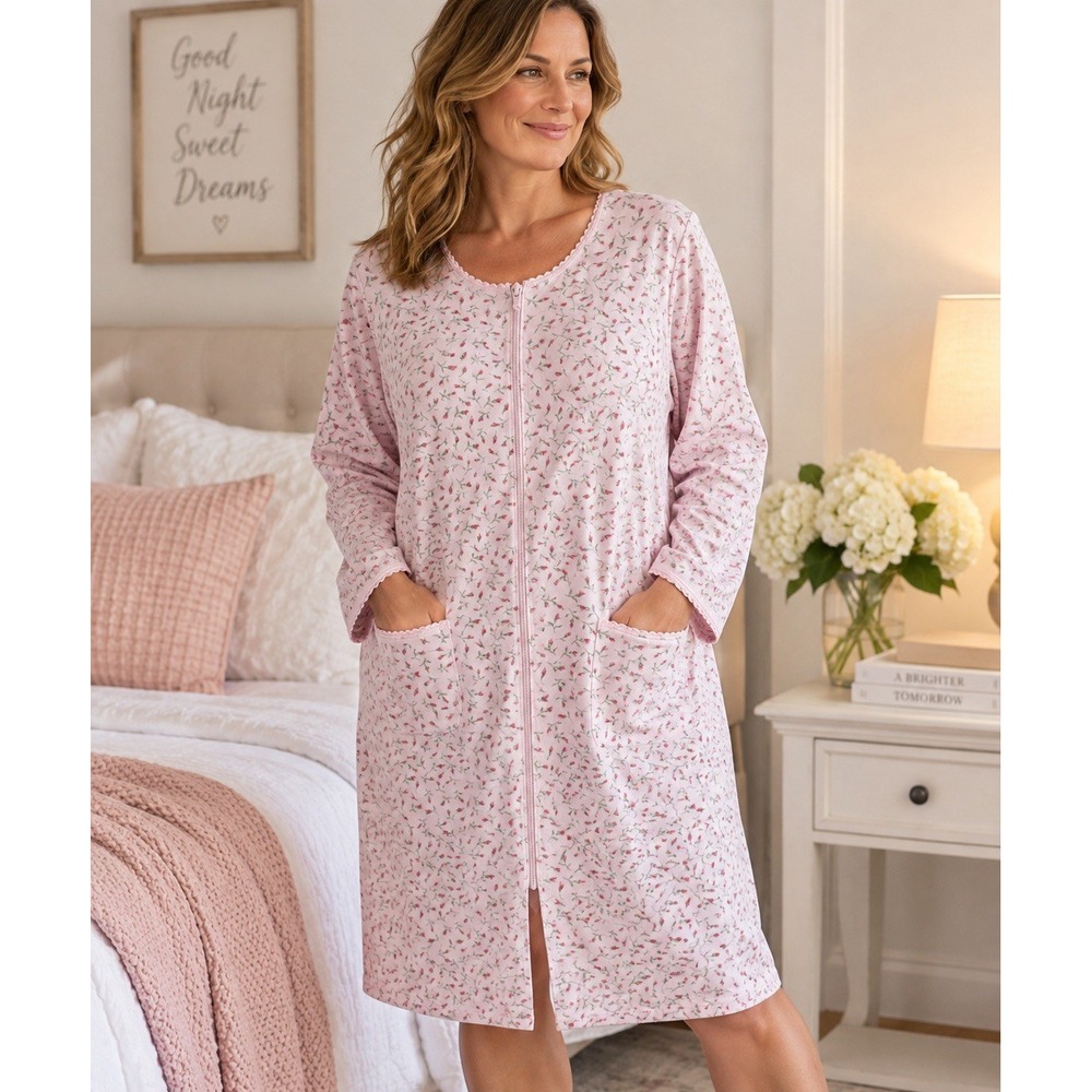 Secret Treasures XL 16/18 Pink Rosebud Floral Zip Robe Housecoat Granny Chic